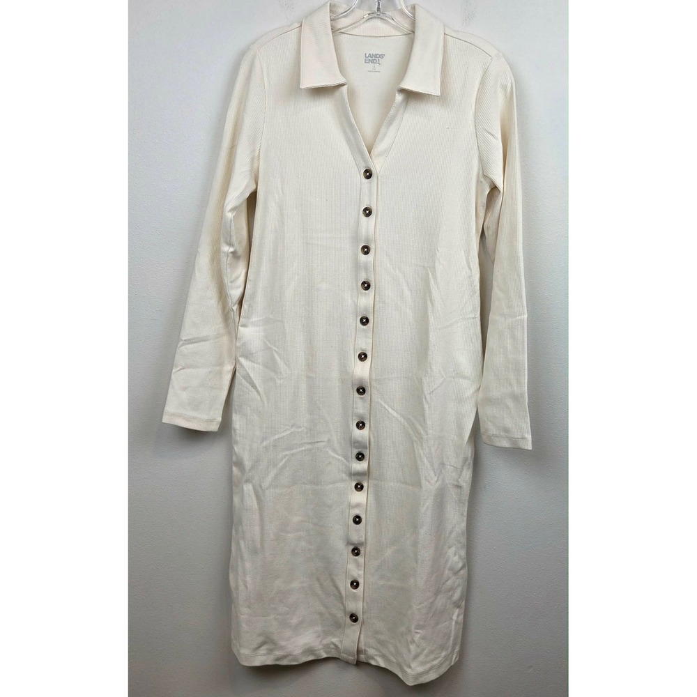 Lands End Womens Ribbed Button Front Midi Dress Cream Long Sleeve Small 6-8